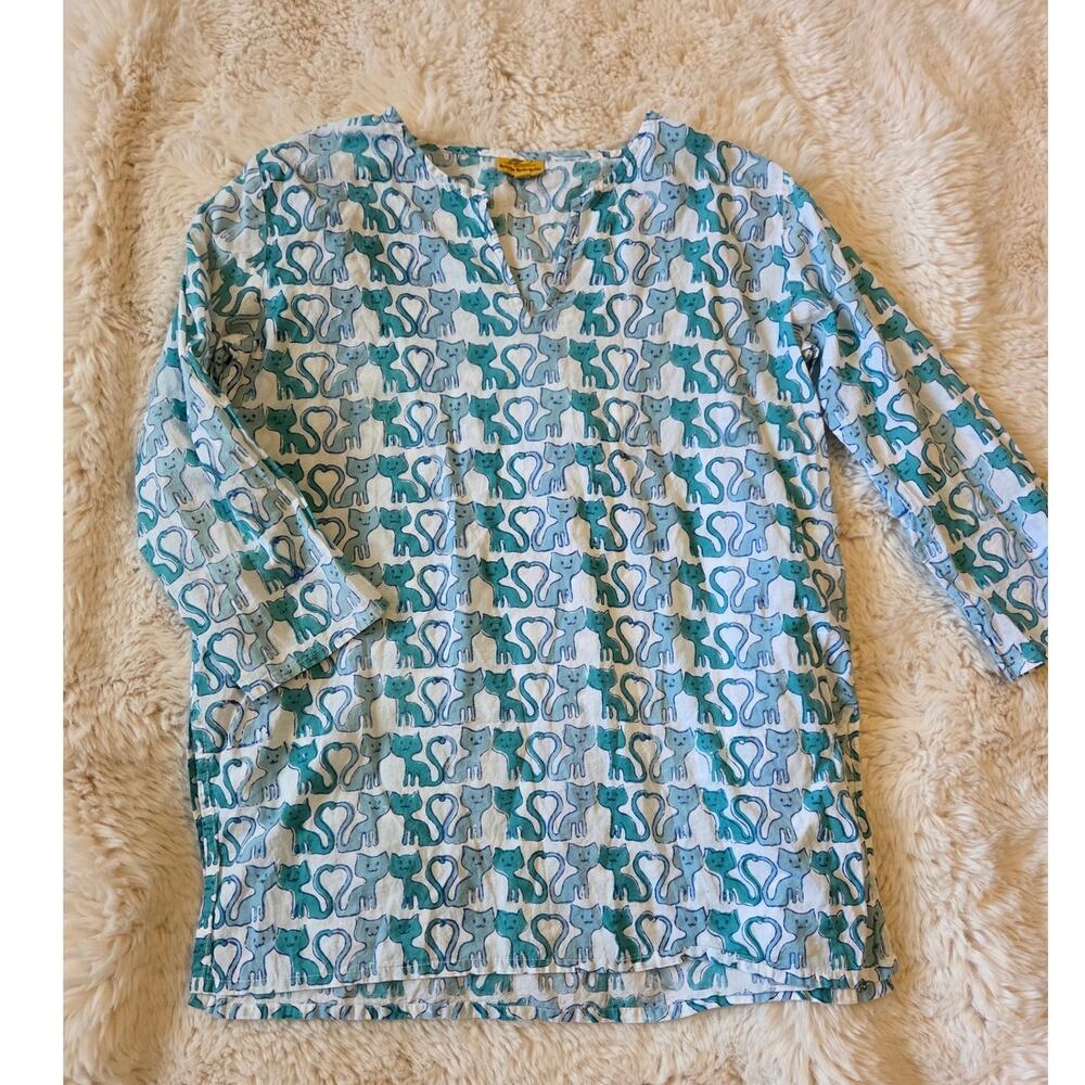 Roberta Roller Rabbit Blue Cat Lover Allover Print V-Neck Swim Cover top tunic